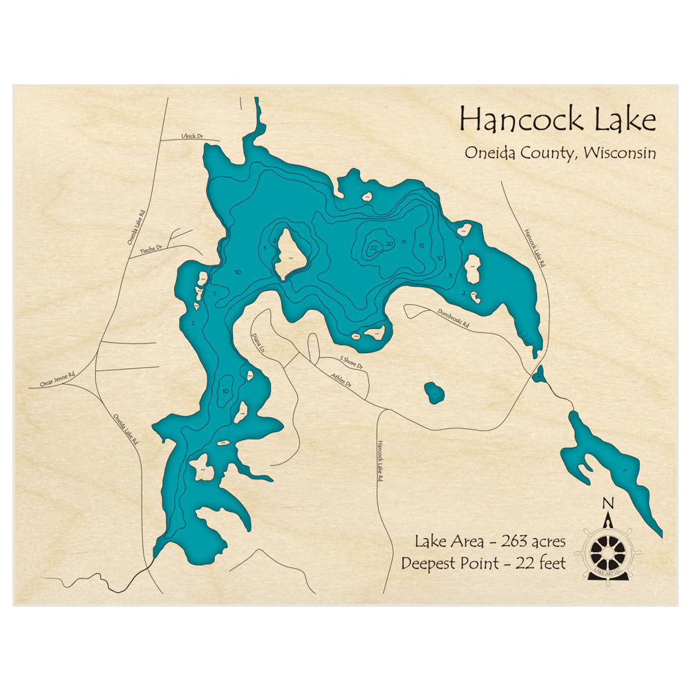 Bathymetric topo map of Hancock Lake with roads, towns and depths noted in blue water