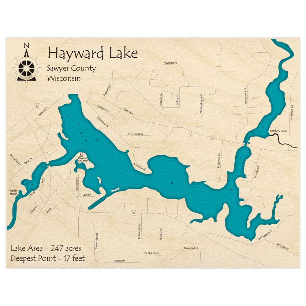 Bathymetric topo map of Hayward Lake with roads, towns and depths noted in blue water