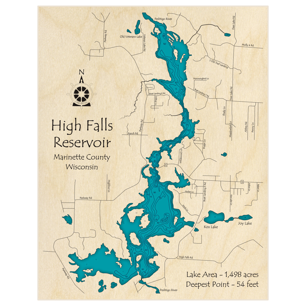 Bathymetric topo map of High Falls Reservoir with roads, towns and depths noted in blue water