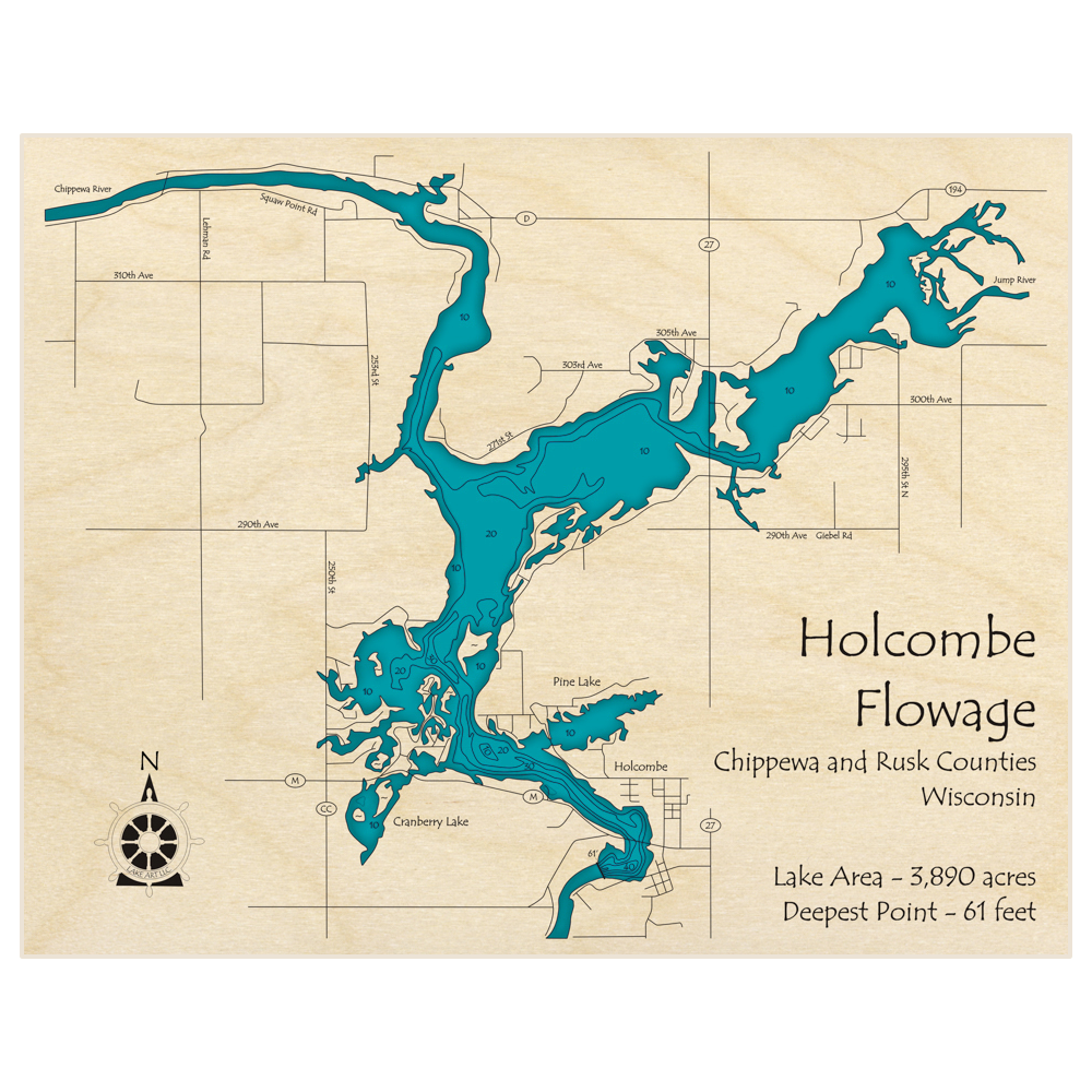 Bathymetric topo map of Holcombe Flowage with roads, towns and depths noted in blue water