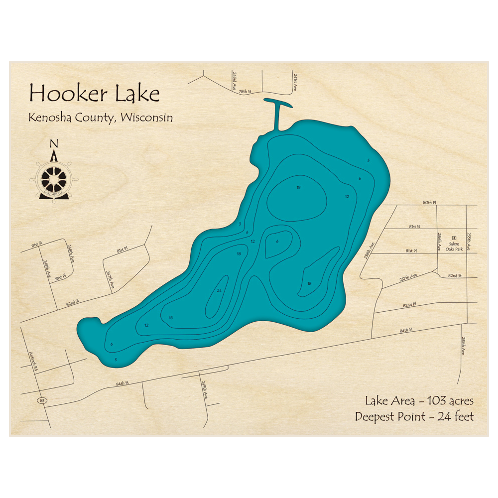 Bathymetric topo map of Hooker Lake with roads, towns and depths noted in blue water