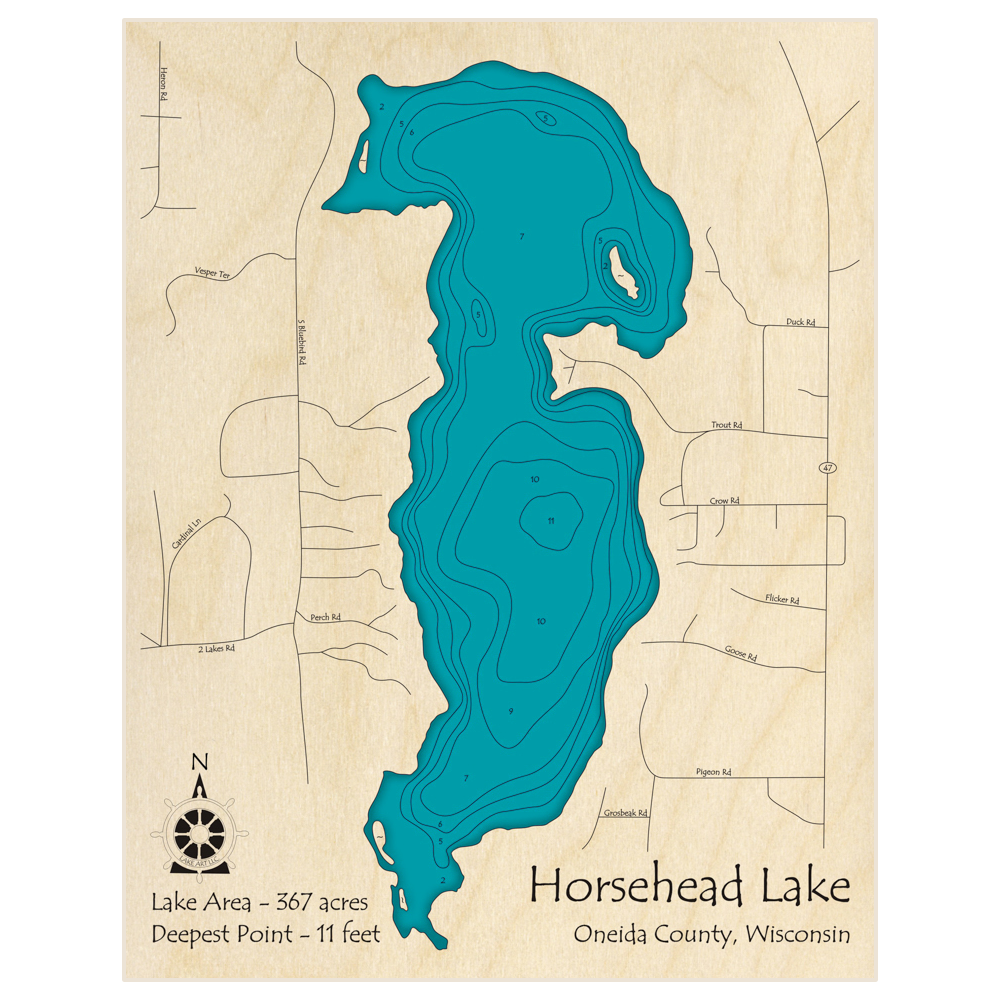 Bathymetric topo map of Horsehead Lake with roads, towns and depths noted in blue water