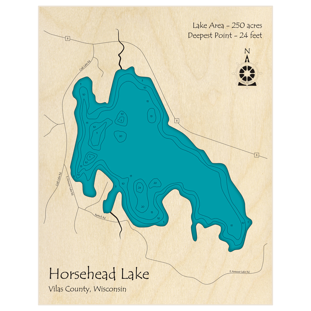 Bathymetric topo map of Horsehead Lake with roads, towns and depths noted in blue water