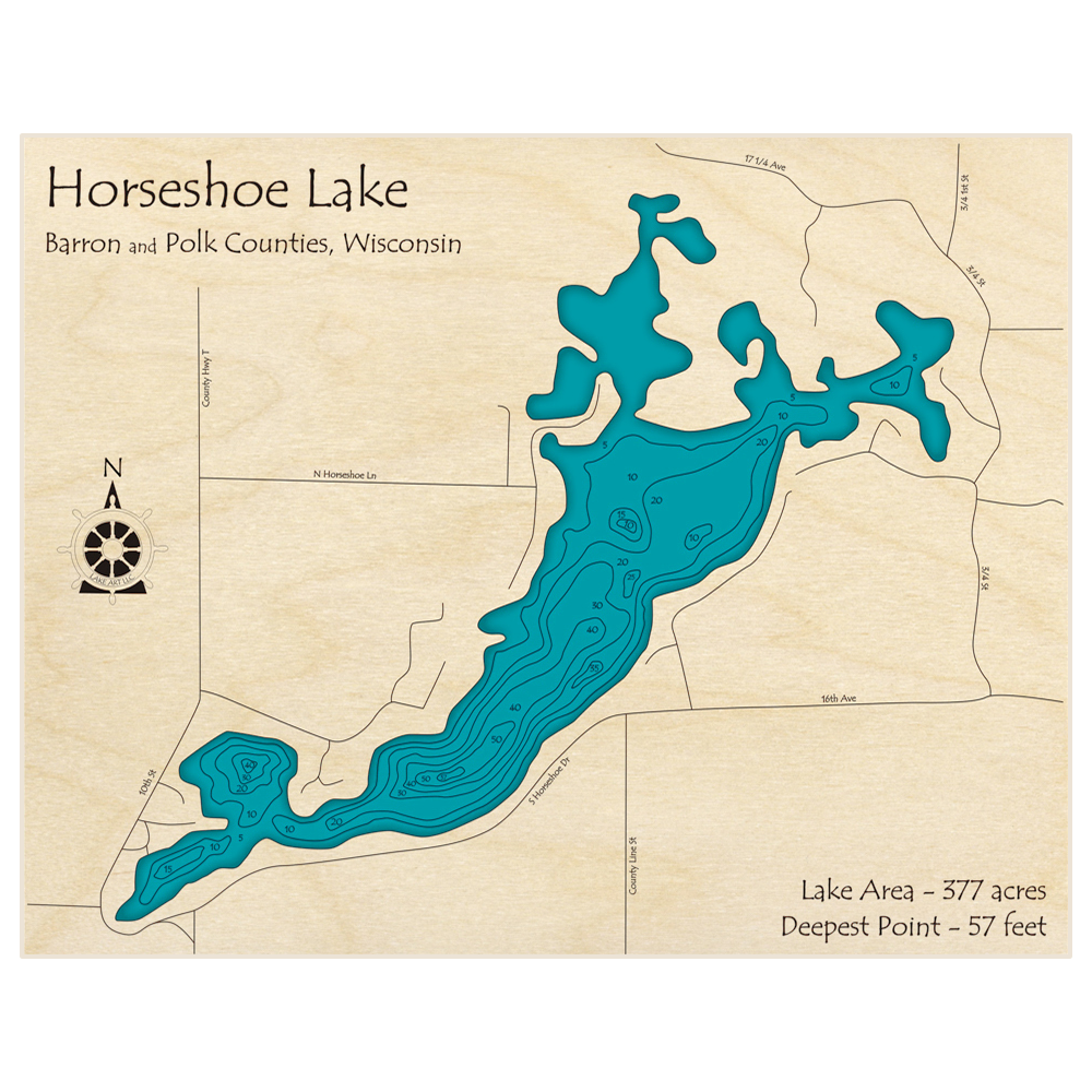 Bathymetric topo map of Horseshoe Lake (West of Almena) with roads, towns and depths noted in blue water