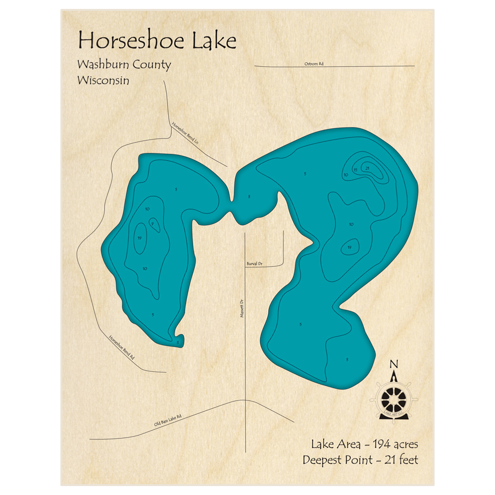 Bathymetric topo map of Horseshoe Lake with roads, towns and depths noted in blue water