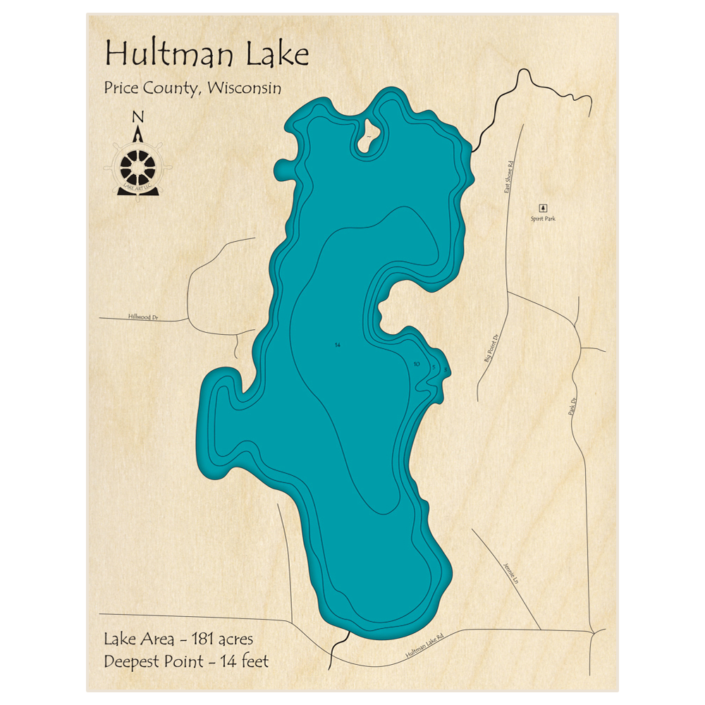 Bathymetric topo map of Hultman Lake with roads, towns and depths noted in blue water