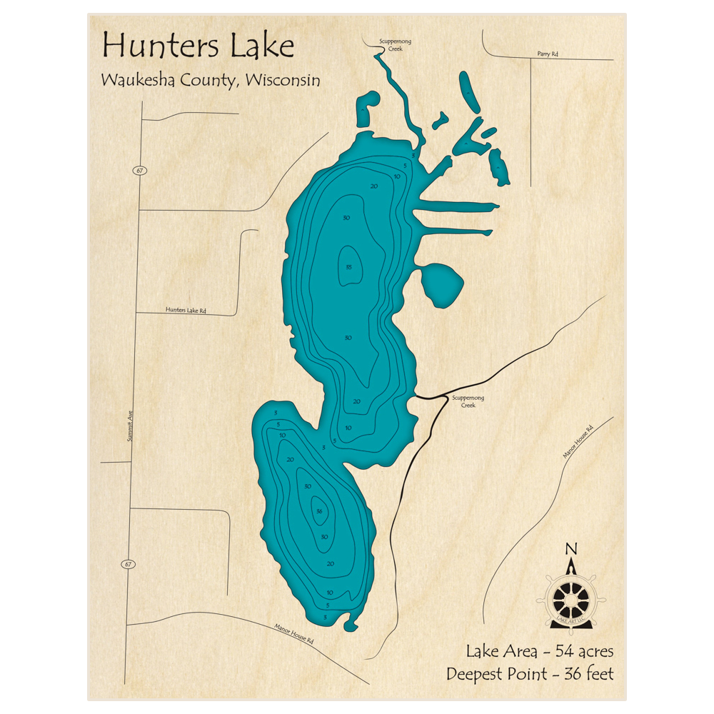Bathymetric topo map of Hunters Lake with roads, towns and depths noted in blue water