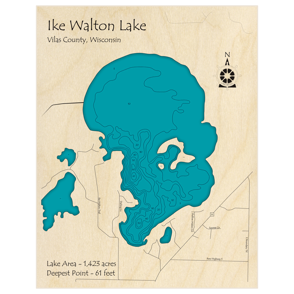 Bathymetric topo map of Ike Walton Lake with roads, towns and depths noted in blue water