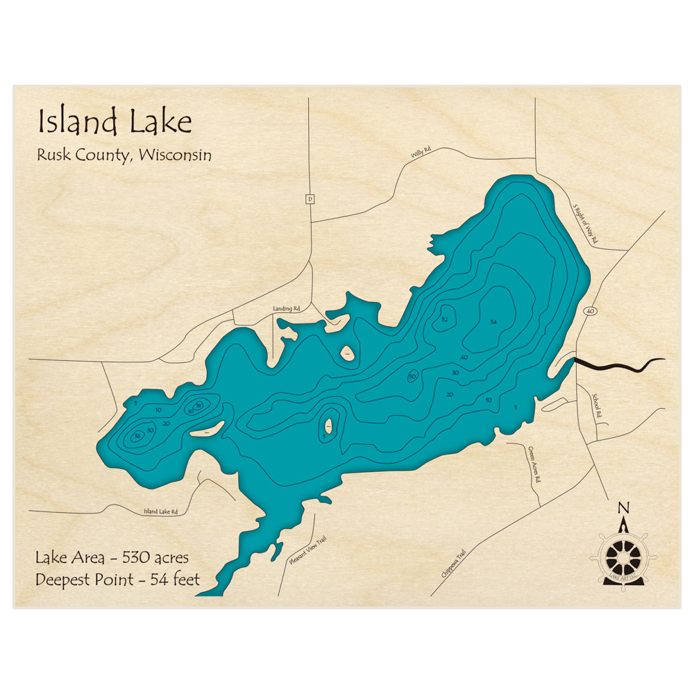 Bathymetric topo map of Island Lake with roads, towns and depths noted in blue water