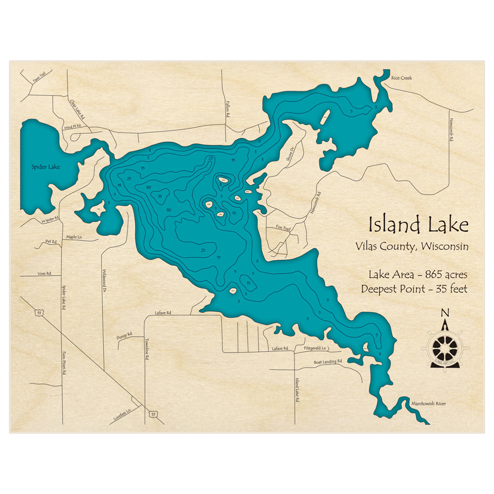 Bathymetric topo map of Island Lake with roads, towns and depths noted in blue water