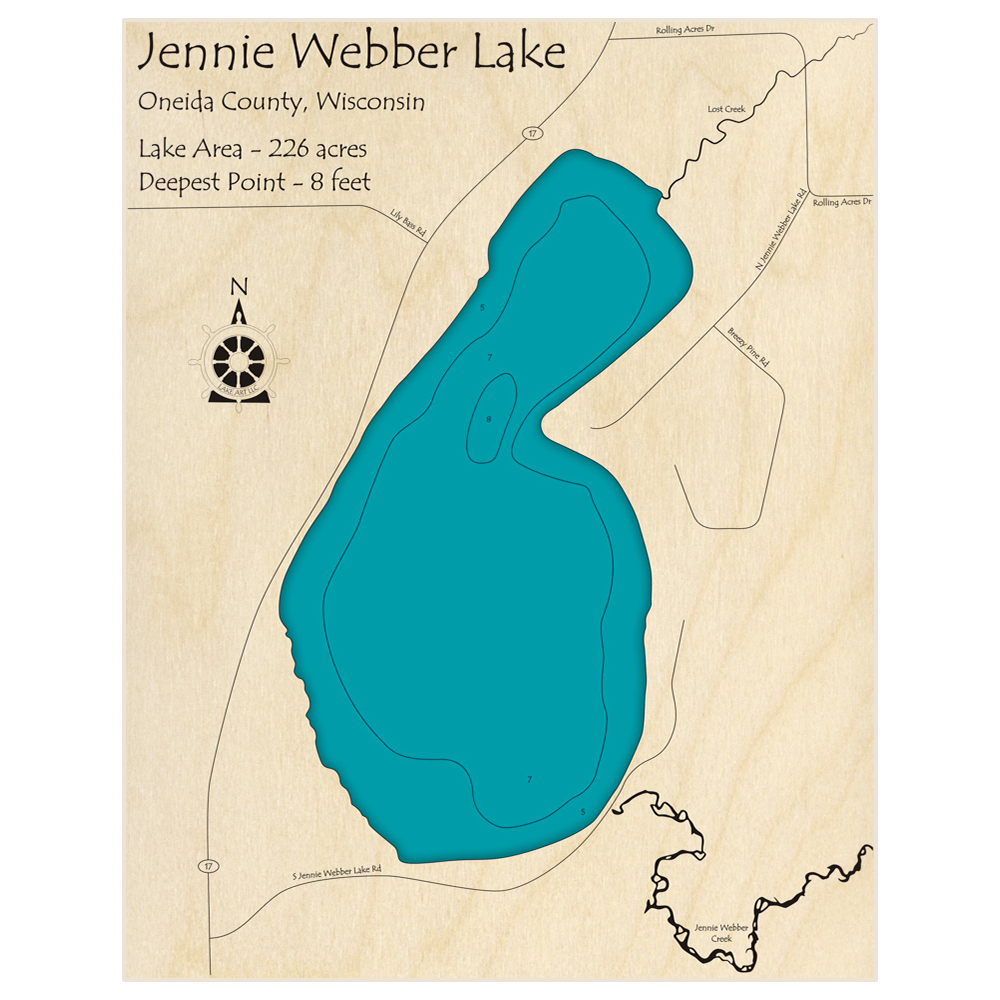 Bathymetric topo map of Jennie Webber Lake with roads, towns and depths noted in blue water