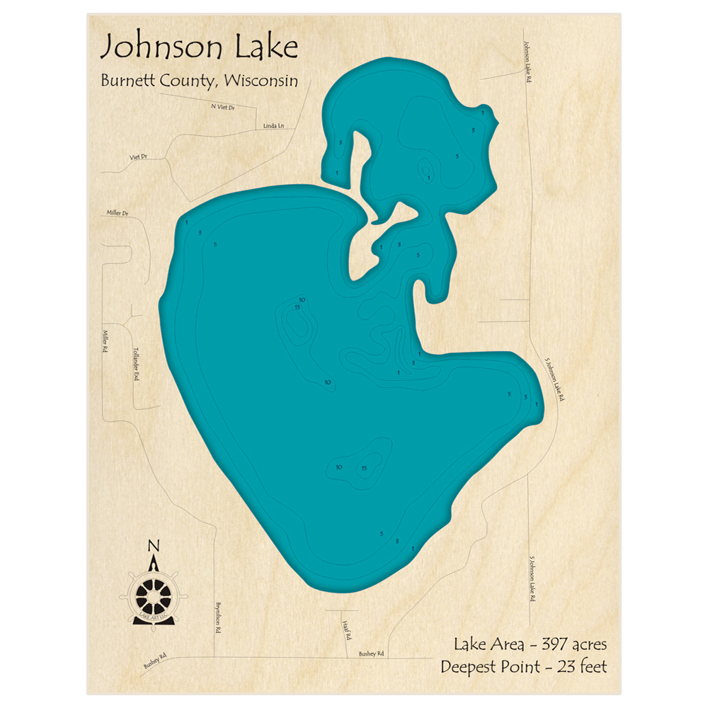 Bathymetric topo map of Johnson Lake with roads, towns and depths noted in blue water