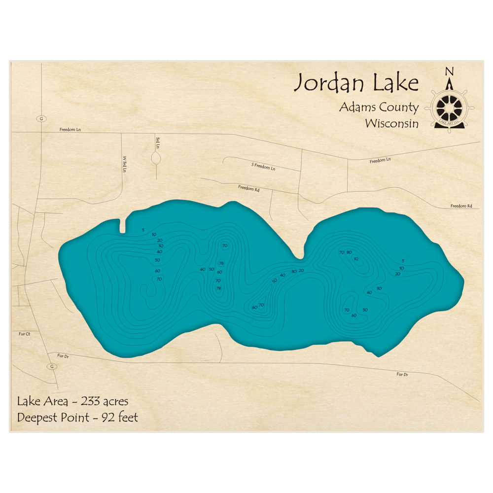 Bathymetric topo map of Jordan Lake with roads, towns and depths noted in blue water