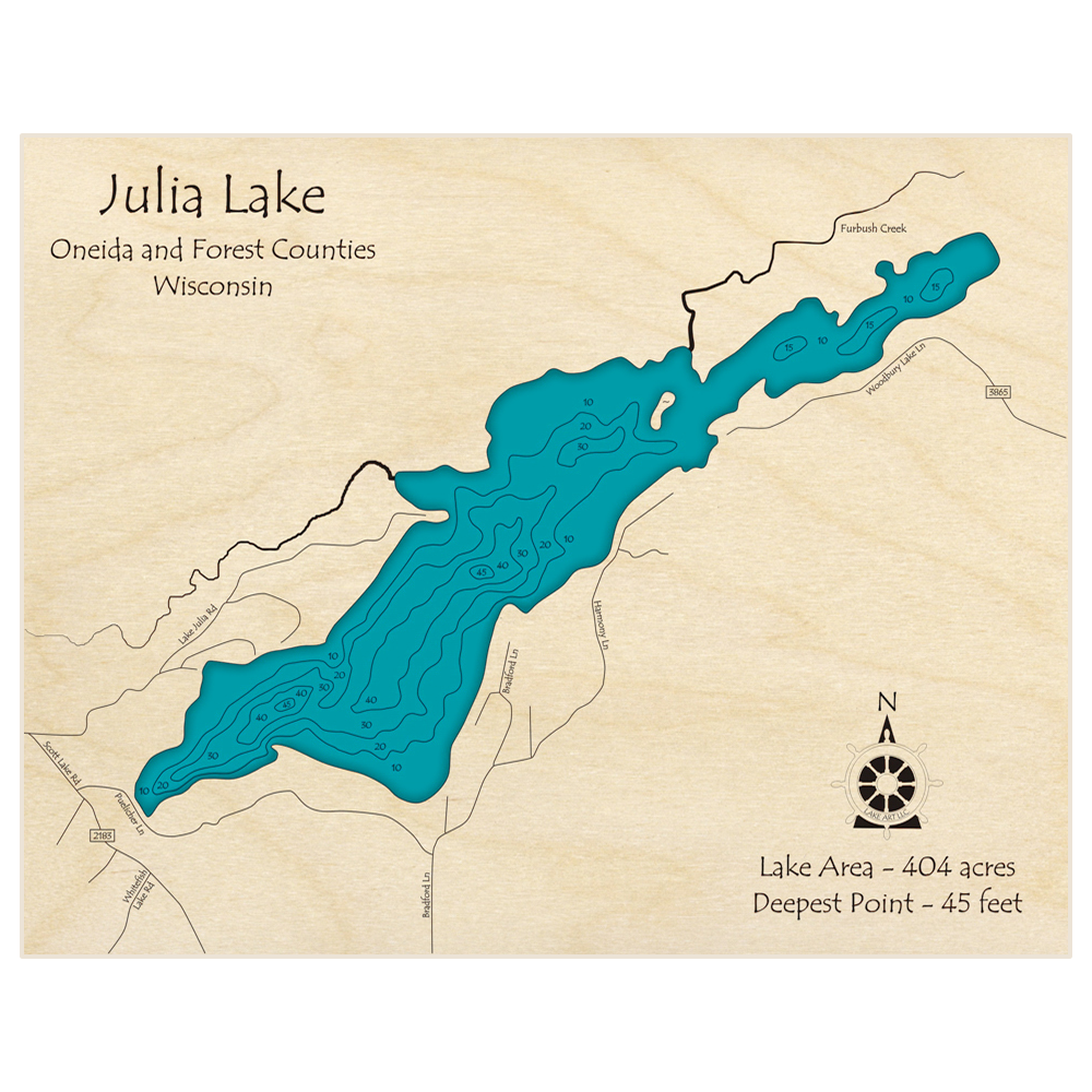 Bathymetric topo map of Julia Lake (near 3 Lakes) with roads, towns and depths noted in blue water
