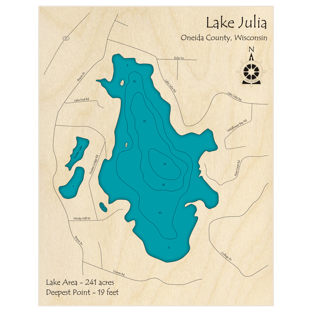 Bathymetric topo map of Lake Julia   (near Rhinelander) with roads, towns and depths noted in blue water