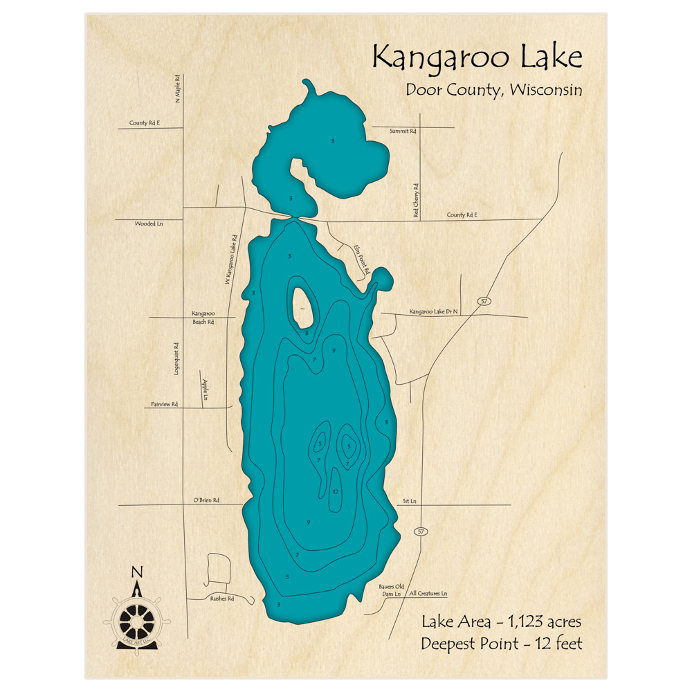 Bathymetric topo map of Kangaroo Lake with roads, towns and depths noted in blue water