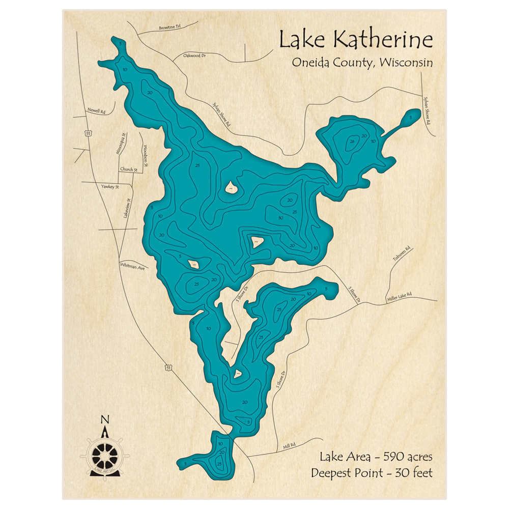 Bathymetric topo map of Lake Katherine with roads, towns and depths noted in blue water