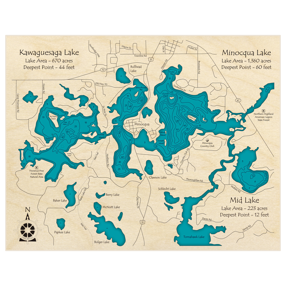 Bathymetric topo map of Kawaguesaga Lake Minocqua Lake Mid Lake with roads, towns and depths noted in blue water