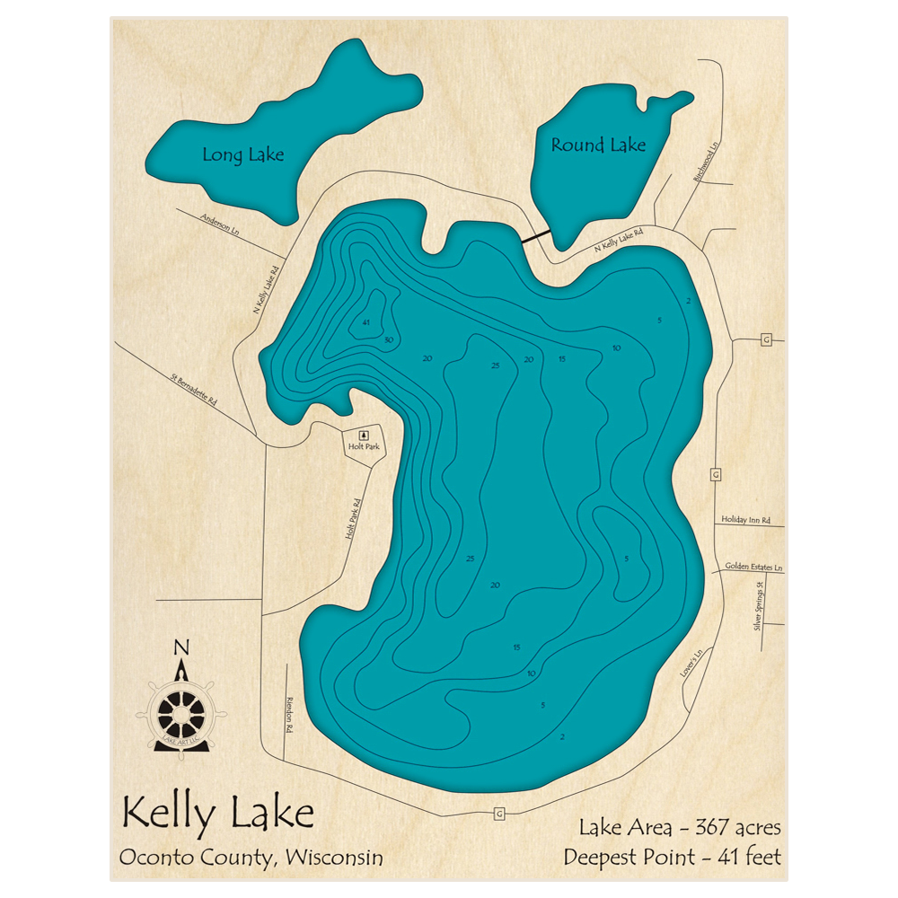 Bathymetric topo map of Kelly Lake with roads, towns and depths noted in blue water