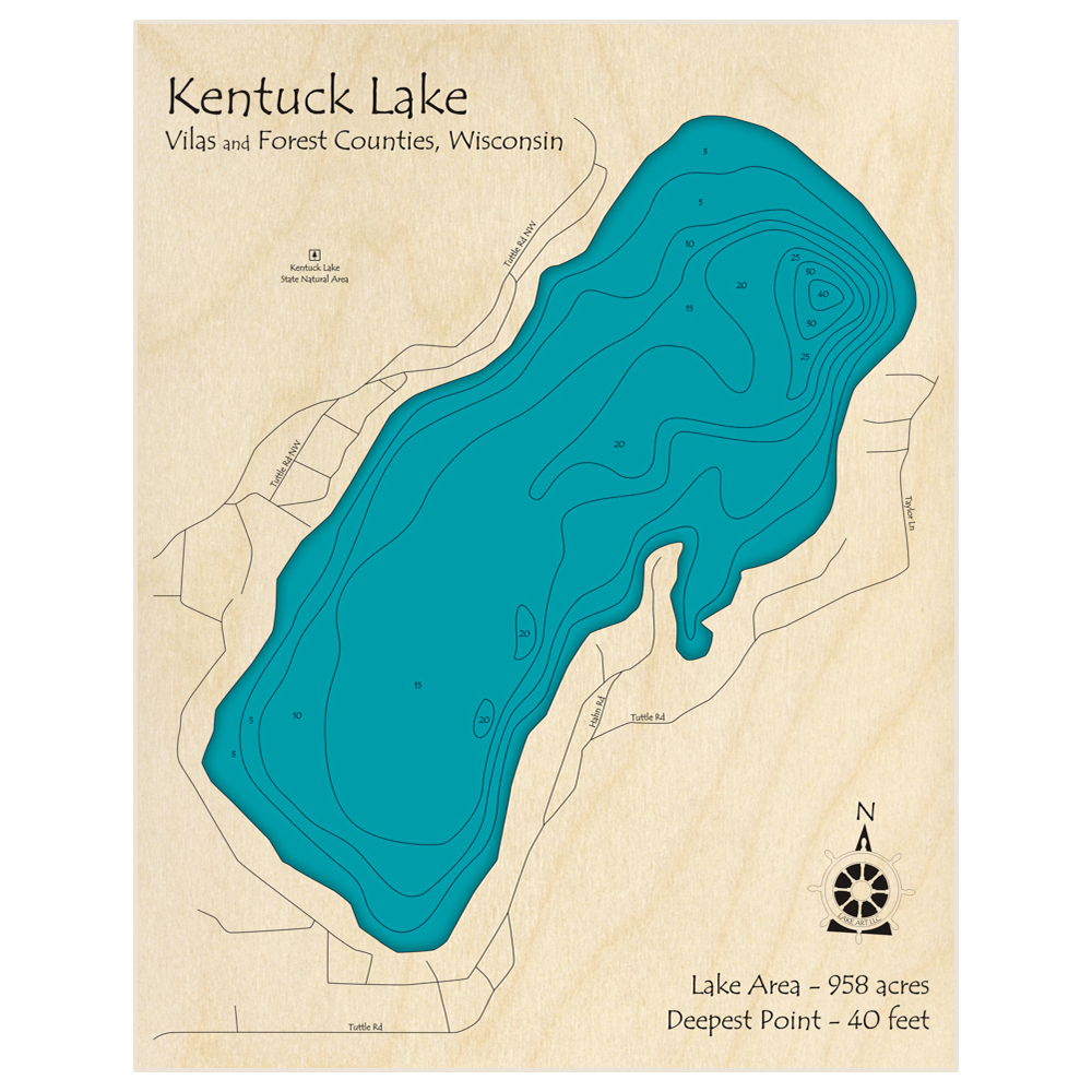 Bathymetric topo map of Kentuck Lake with roads, towns and depths noted in blue water