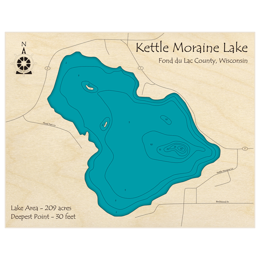 Bathymetric topo map of Kettle Moraine Lake with roads, towns and depths noted in blue water