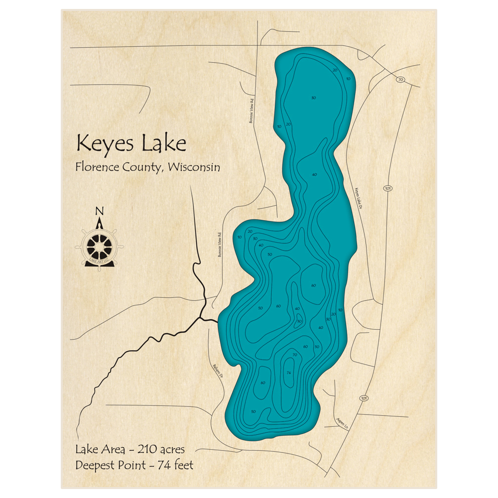 Bathymetric topo map of Keyes Lake with roads, towns and depths noted in blue water