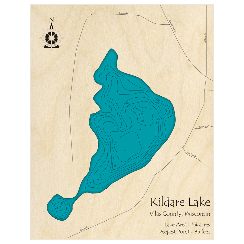 Bathymetric topo map of Kildare Lake with roads, towns and depths noted in blue water