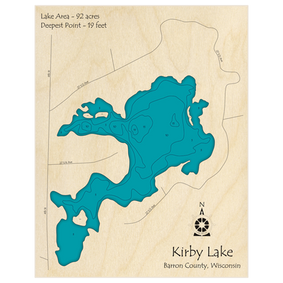 Bathymetric topo map of Kirby Lake with roads, towns and depths noted in blue water