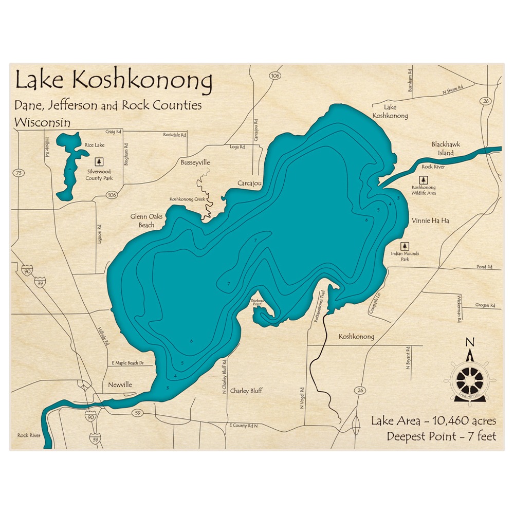 Bathymetric topo map of Lake Koshkonong with roads, towns and depths noted in blue water