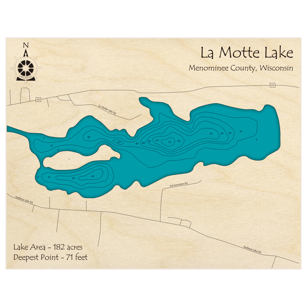 Bathymetric topo map of La Motte Lake with roads, towns and depths noted in blue water