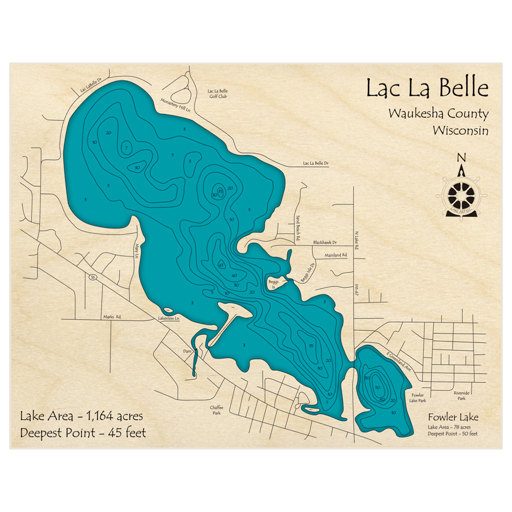 Bathymetric topo map of Lac LaBelle with roads, towns and depths noted in blue water