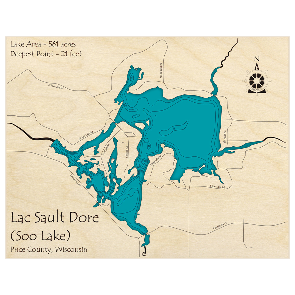 Bathymetric topo map of Lac Sault Dore with roads, towns and depths noted in blue water