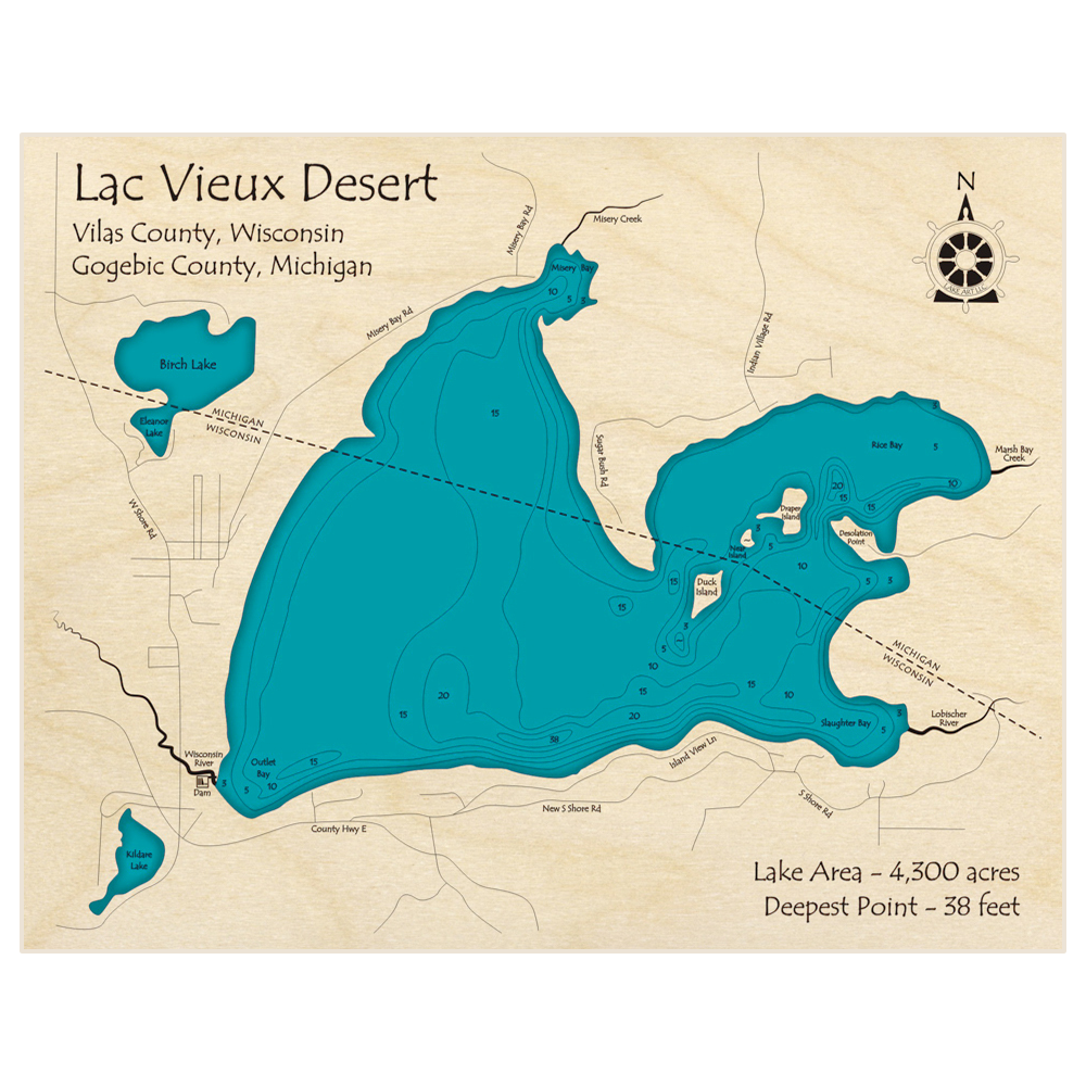 Bathymetric topo map of Lac Vieux Desert with roads, towns and depths noted in blue water