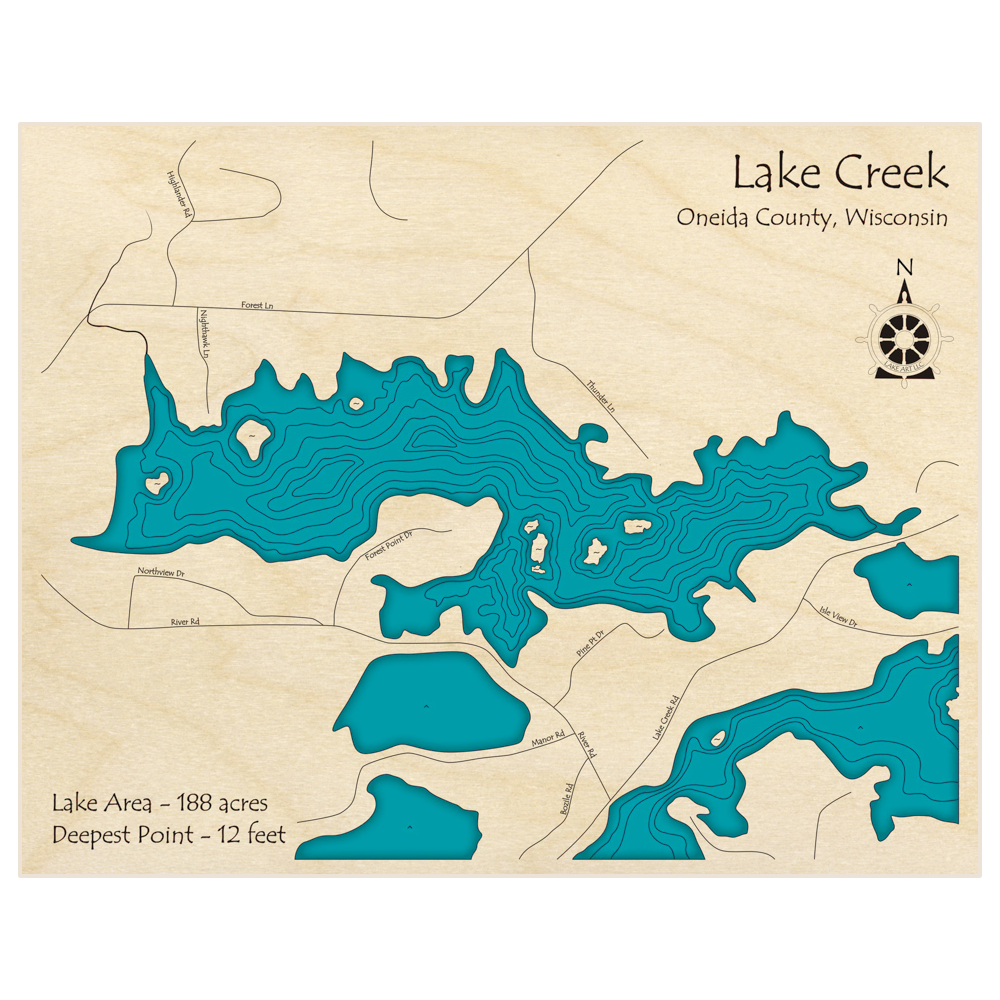 Bathymetric topo map of Lake Creek (near Rhinelander) with roads, towns and depths noted in blue water