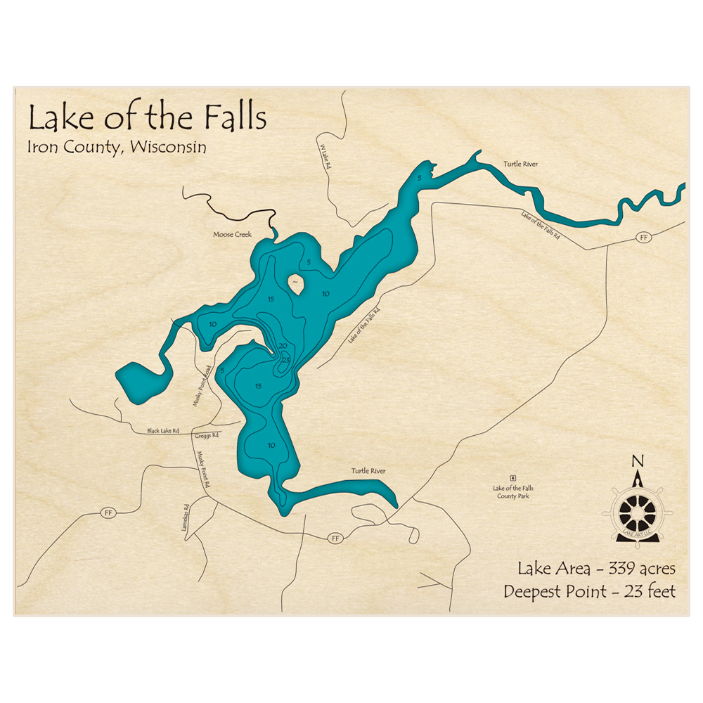 Bathymetric topo map of Lake of the Falls with roads, towns and depths noted in blue water