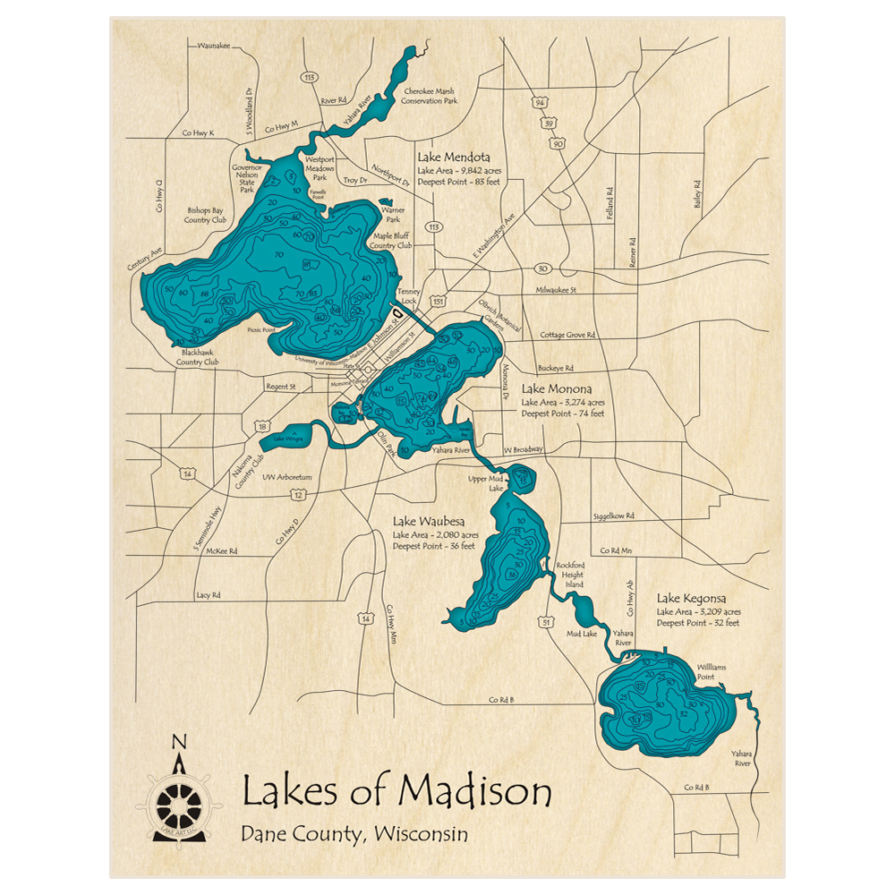 Bathymetric topo map of Lakes of Madison, Wisconsin with roads, towns and depths noted in blue water
