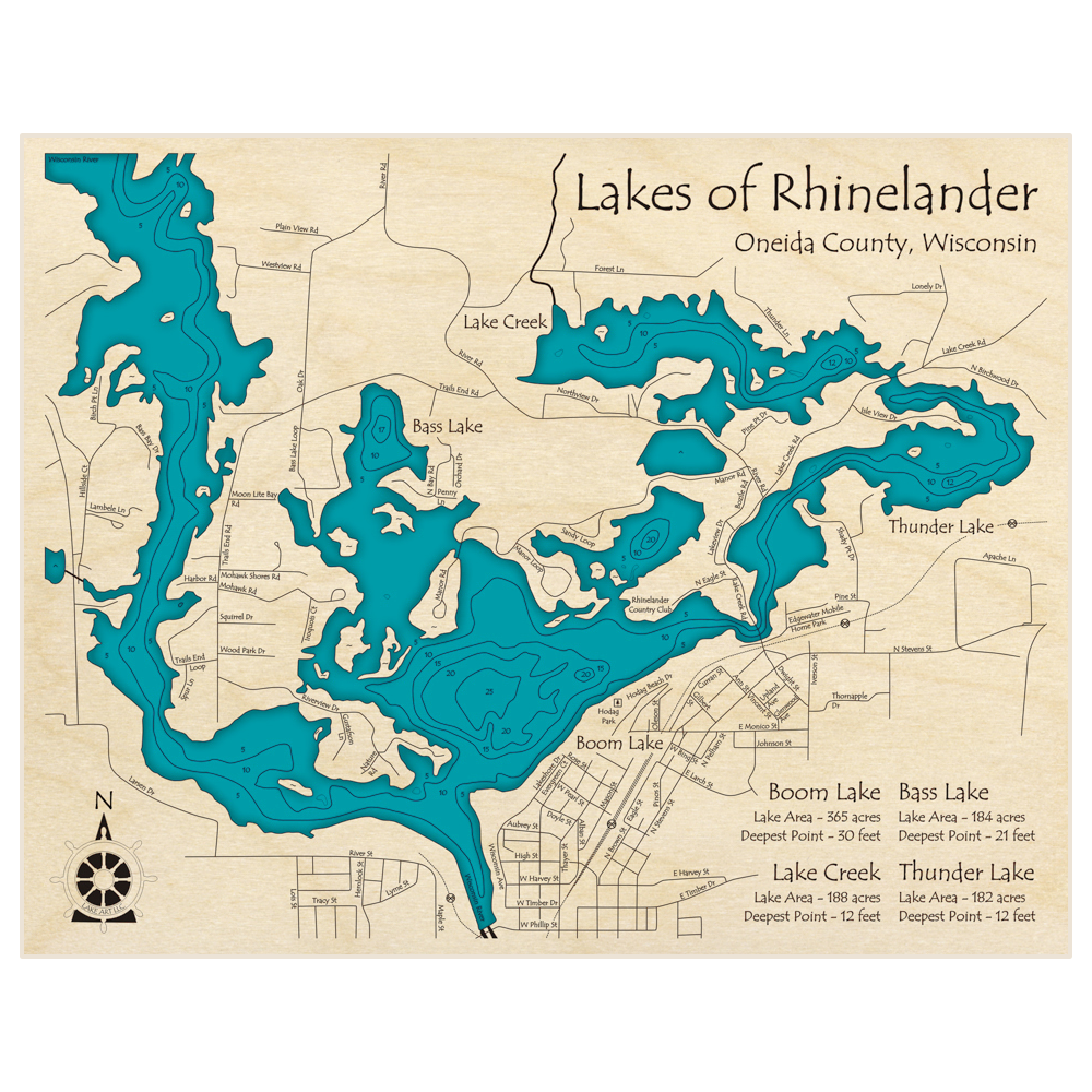 Bathymetric topo map of Lakes of Rhinelander with roads, towns and depths noted in blue water