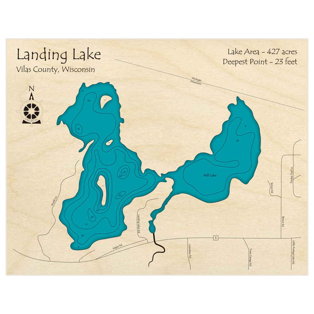 Bathymetric topo map of Landing Lake with roads, towns and depths noted in blue water