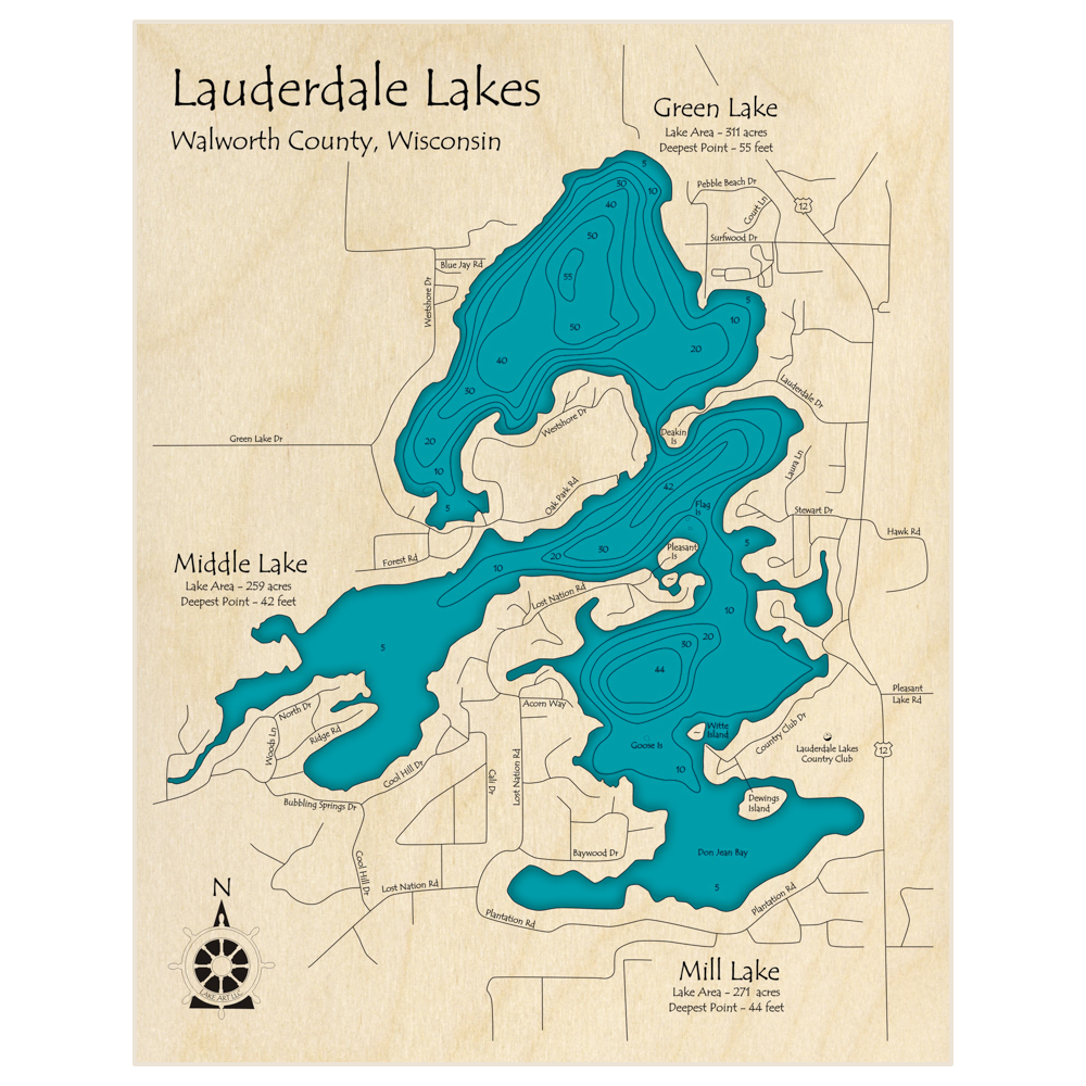 Bathymetric topo map of Lauderdale Lakes (Green Middle and Mill Lakes) with roads, towns and depths noted in blue water