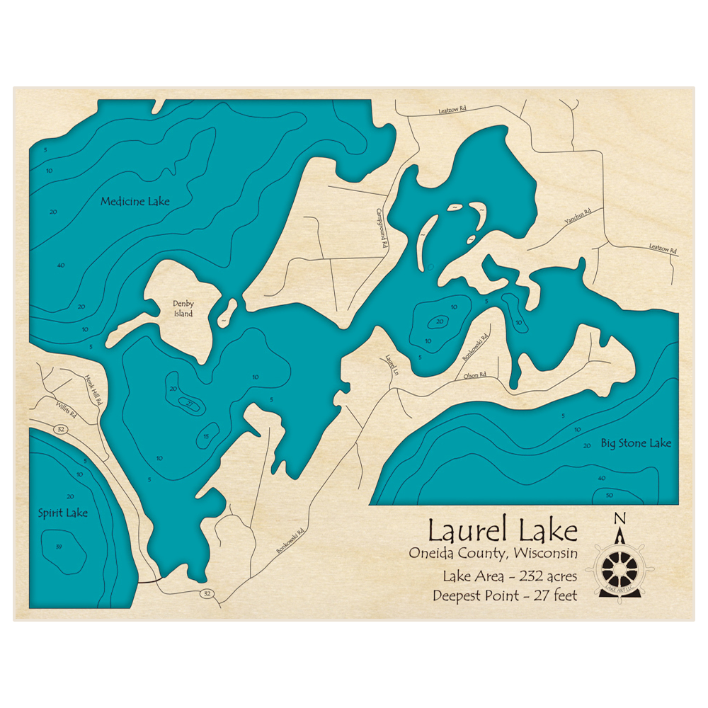 Bathymetric topo map of Laurel Lake with roads, towns and depths noted in blue water