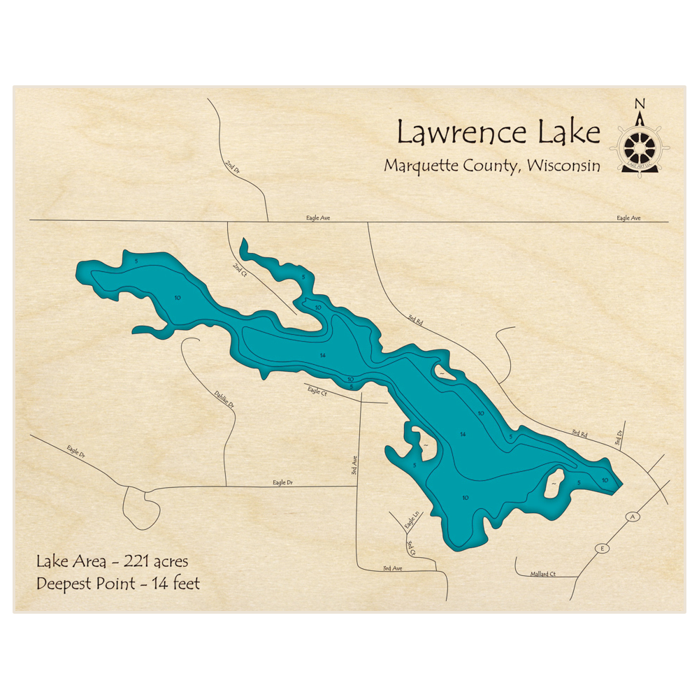 Bathymetric topo map of Lawrence Lake with roads, towns and depths noted in blue water