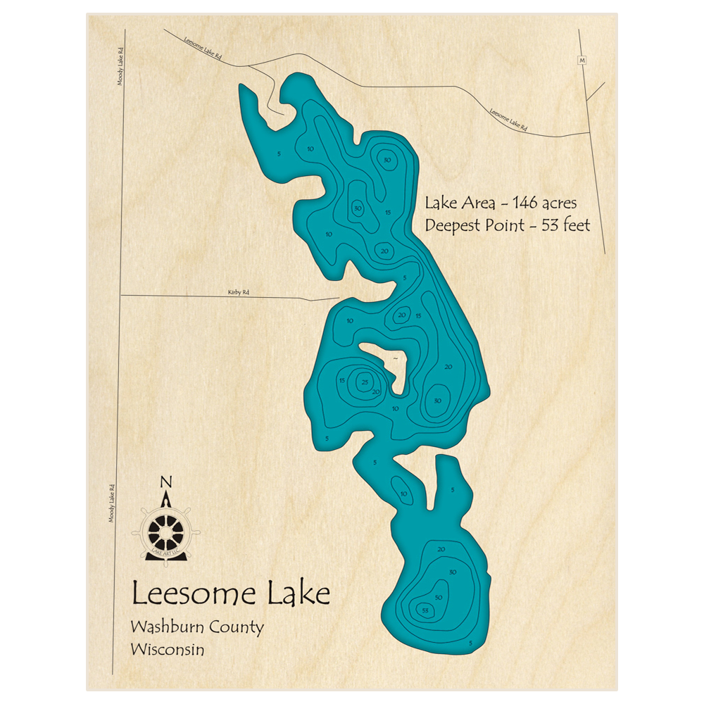 Bathymetric topo map of Leesome Lake with roads, towns and depths noted in blue water