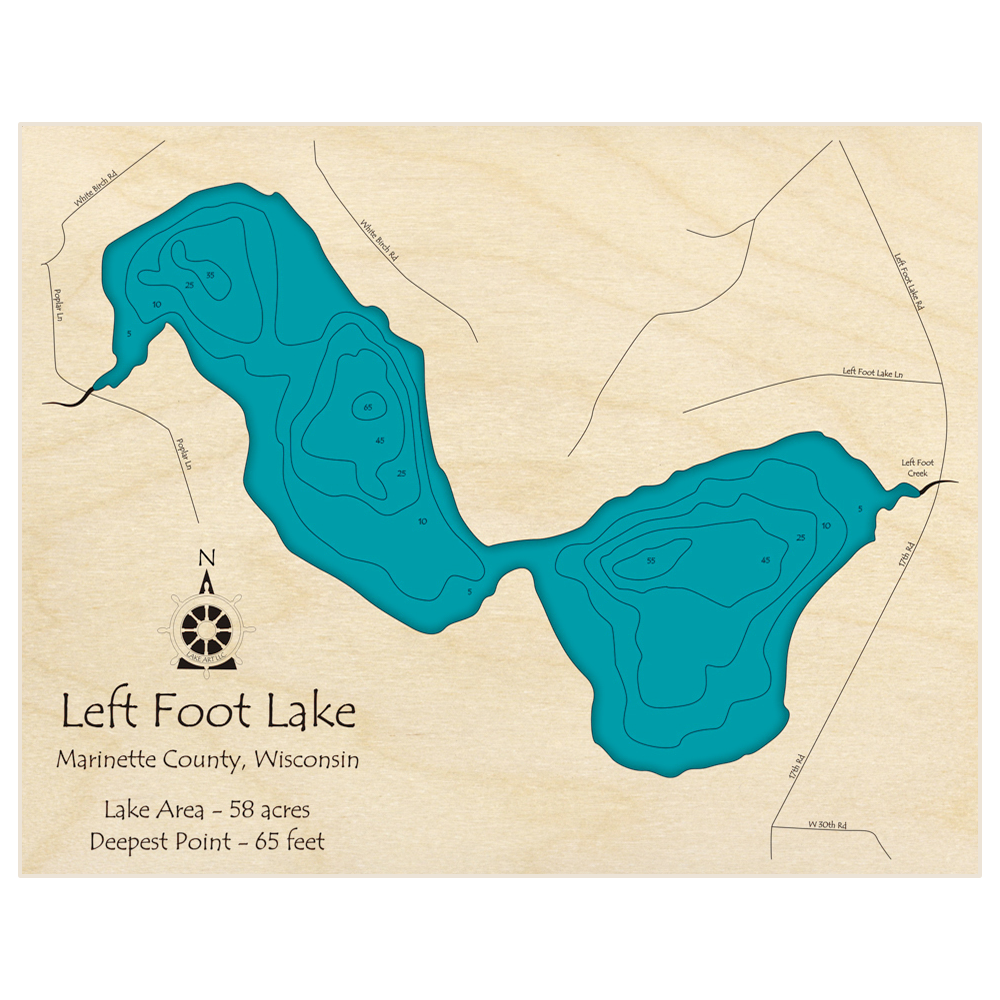 Bathymetric topo map of Left Foot Lake with roads, towns and depths noted in blue water