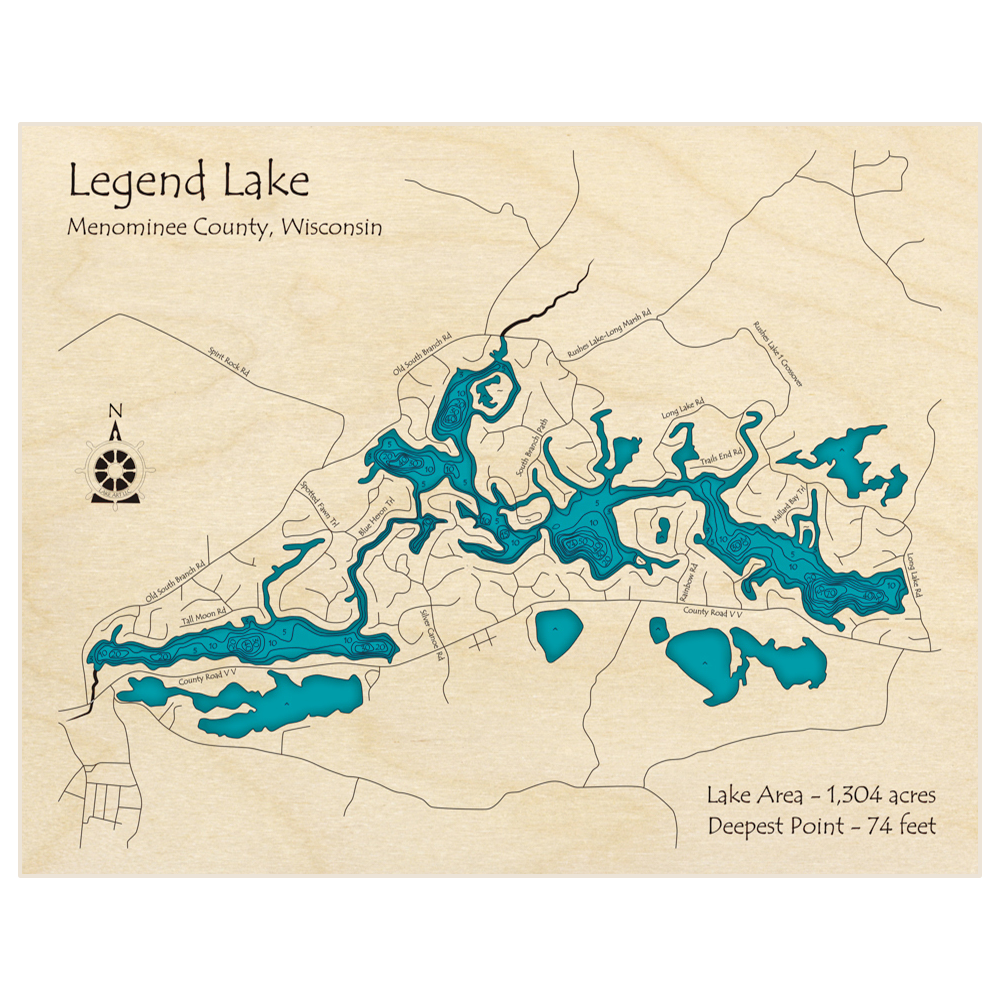 Bathymetric topo map of Legend Lake with roads, towns and depths noted in blue water