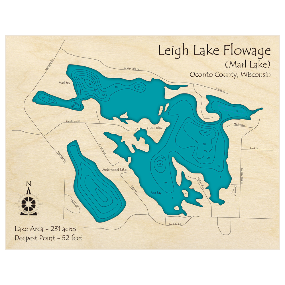 Bathymetric topo map of Leigh Lake Flowage (Marl Lake) with roads, towns and depths noted in blue water