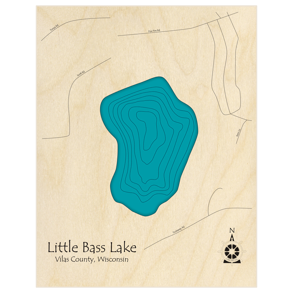 Bathymetric topo map of Little Bass Lake (Zip 54568) with roads, towns and depths noted in blue water