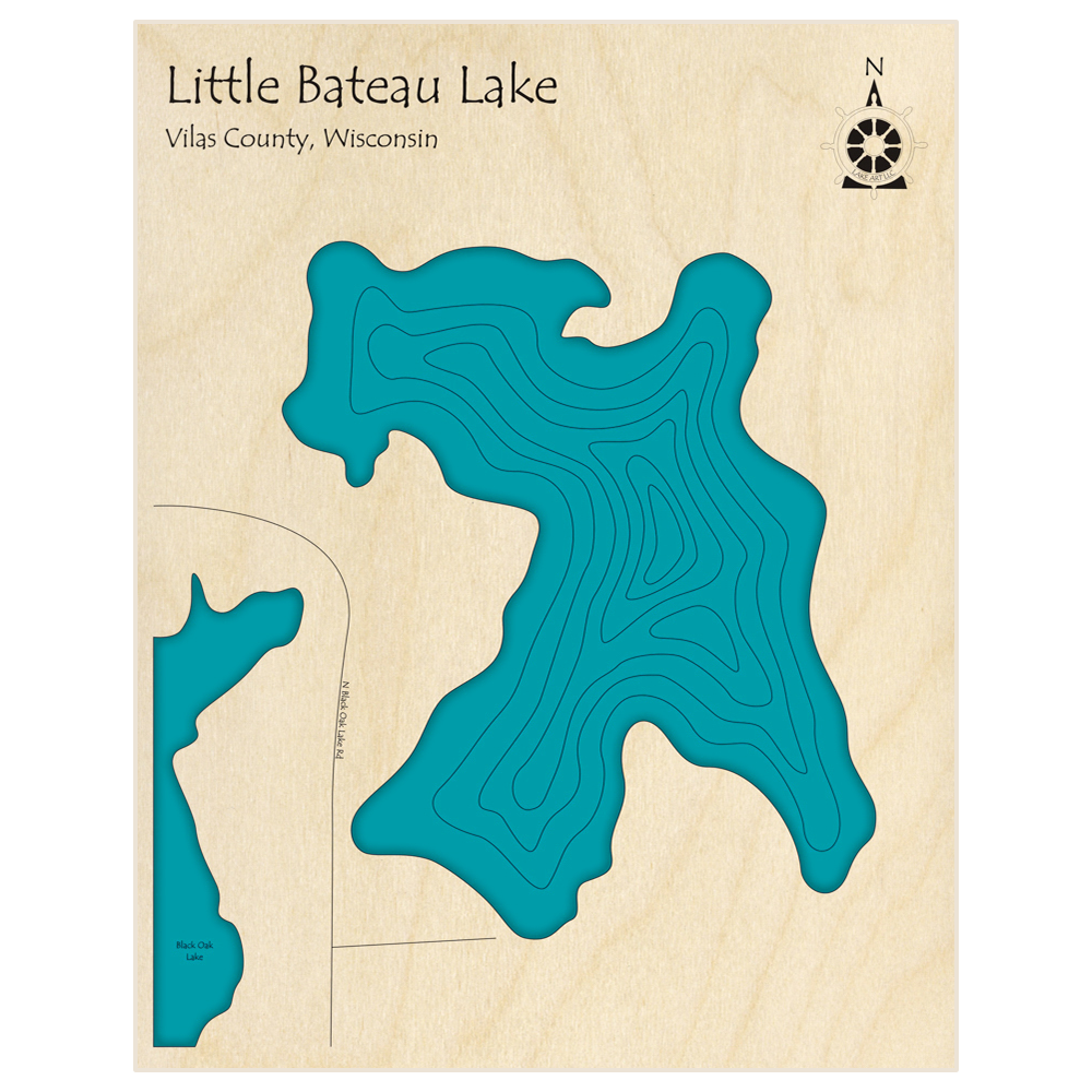 Bathymetric topo map of Little Bateau Lake with roads, towns and depths noted in blue water