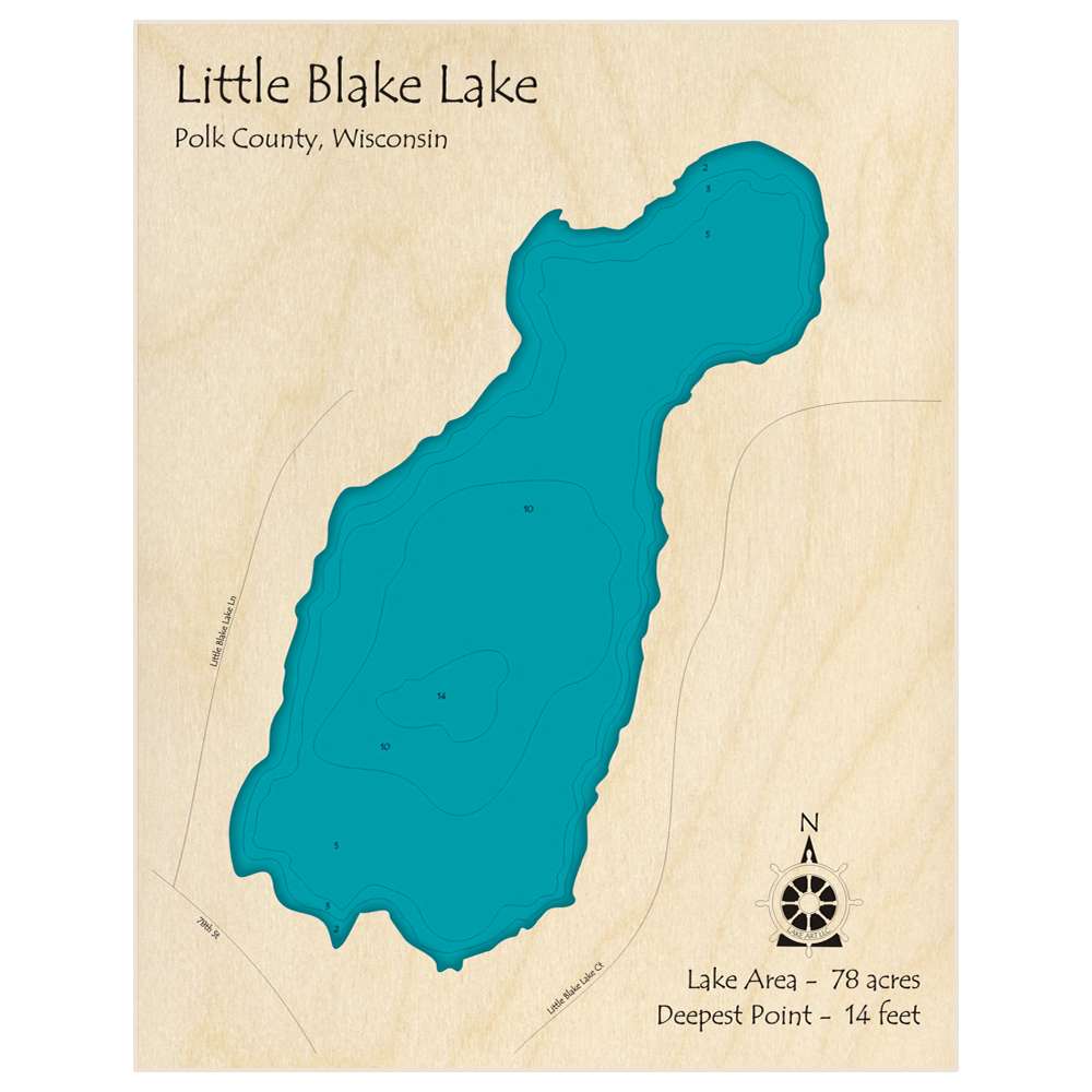 Bathymetric topo map of Little Blake Lake with roads, towns and depths noted in blue water
