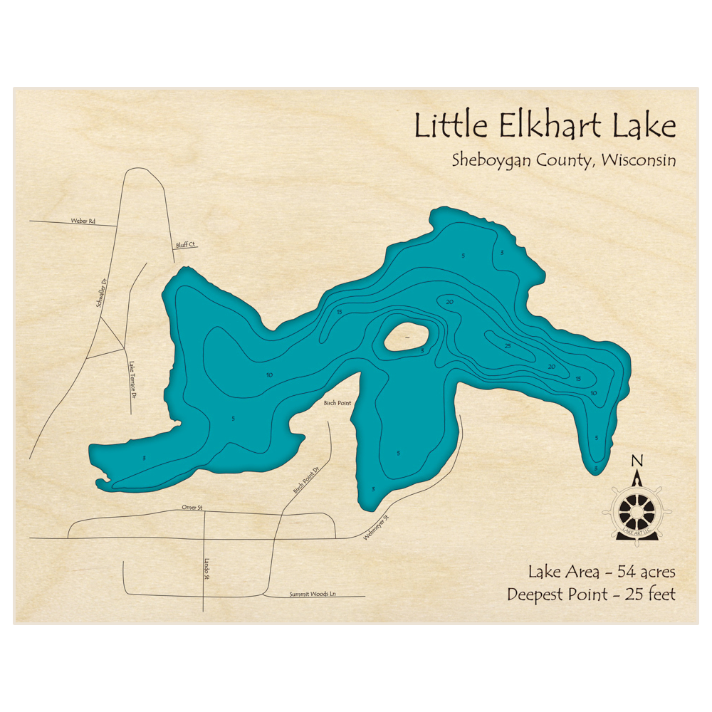 Bathymetric topo map of Little Elkhart Lake with roads, towns and depths noted in blue water