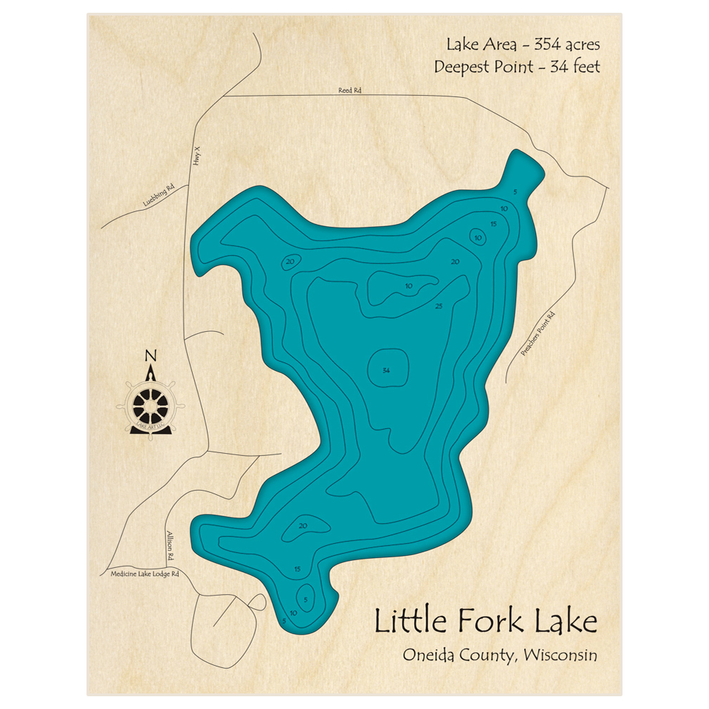 Bathymetric topo map of Little Fork Lake with roads, towns and depths noted in blue water